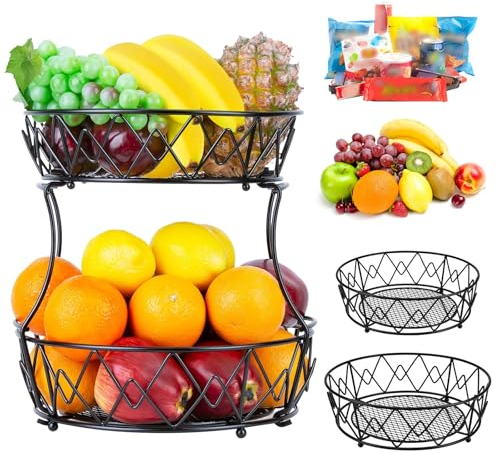 LPAMABA Portafrutta a Ripiani da Tavolo,Cestino di Frutta a 2 Livelli,Cesto Portaoggetti per Frutta a 2 Ripiani,Vassoi di Frutta in Metallo Rimovibili per Conservare Frutta, Verdura e Pane