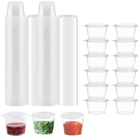 100 PCS Vaso de Plástico para Salsa de 25 ml(1oz), Envases de Plastico con Tapa, Recipiente Redondo de Plástico para Salsa Blanco Transparente, Cajas De Salsa de Plástico para Guardar Snacks, Cremas