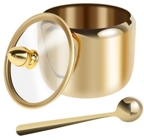 KTCINA Sugar Container with Lid and Spoon, 10oz Satinless Steel Sugar Bowl Gold Spice Jar for Coffee Bar Station Accessories Kitchen Storage Container for Salt, Candy, Coffee Bean, Dishwasher Safe