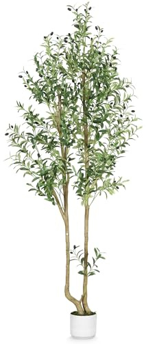 HZXGCP Olive Tree Olive 7 feet, Artificial Olive Tree with White Pot, Fake Tree with 1882 Dense Leaves & 96 High-Simulated Olive Fruits - Easy Assembly, Low Maintenance (Olive Tree 7ft)