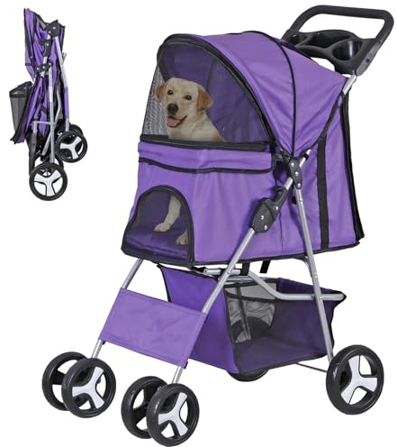 Passeggino per cani e gatti a 4 ruote, per cani di piccola e media taglia, pieghevole, con cestino portaoggetti e portabicchieri (viola)