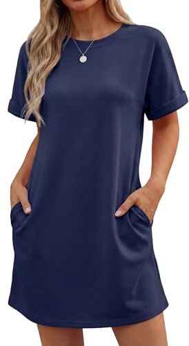 GRECERELLE Womens Summer Mini Dress Cap Sleeve Crew Neck T Shirt Short Casual Beach A Line Dresses with Pockets (Navy Blue, L)