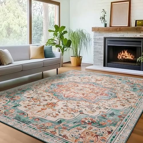 SONGMICS HOME Vintage Teppich, 140 x 200 cm, Wohnzimmerteppich, Schlafzimmerteppich, Waschbarerteppich, Rutschfester Teppich, für Küche, Flur, Esszimmer, aquamarinblau TAR039Q01