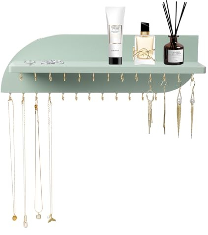 Lampaggio Hanging Jewelry Organizer with 25 Hooks and Cosmetics Shelf, Modern Wood Wall Mounted Jewelry Holder for Necklaces, Bracelets, Earrings and Rings, Green
