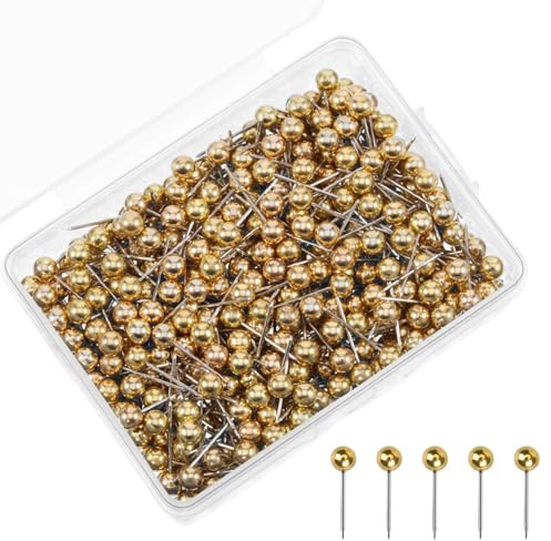 Kryzulax 200 Pièces Punaises Carte, Punaises à Tête Ronde pour Carte de Voyage, Petites Push Pins pour Tableau en Liège, Tableau d'Affichage, Photo, Maison, Bureau, École, Bricolage (Or)