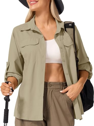 Jessie Kidden Womens Long Sleeve UV Protection Safari Hiking Fishing UPF 50+ Quick Dry Cooling Camping Travel Shirts #5083-Khaki-L
