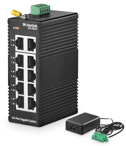 MokerLink Switch Ethernet industriale DIN-Rail Ethernet a 10 porte, switch di rete IP40 non gestito (da -40 a 185 °F), formato mini, con alimentatore