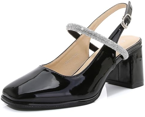 Lackläderpumps med kristallband, blockklack 6 cm, halkfri sula, finns i svart, vit, vinröd, svart, 36 EU
