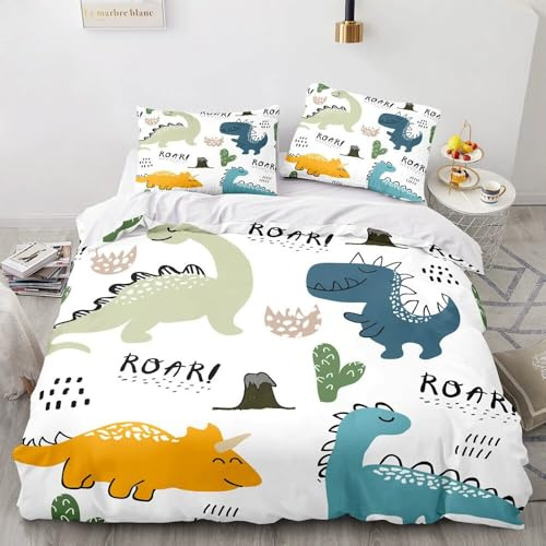 TSOPEFI Dinosaur Pattern Children's Bed Linen, Cute Cartoon Colourful Dinosaur Print Duvet Cover, Playful Decorative Bed Set for Boys Girls (D, 135 x 200 cm)