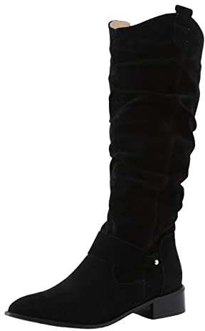 Bottes en daim pour femme, noir, talon bas bloc, fermeture éclair latérale solide, avec longueur genou tendance, Noir , 37.5 EU