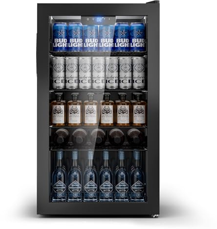 Airfish Getränkekühlschrank mit Glasfront 95L für 130 Dosen, Mini-Kühlschrank mit verstellbaren Regalen für Bier, Wein & Getränke, Ideal für Haushalt, Bar, Büro