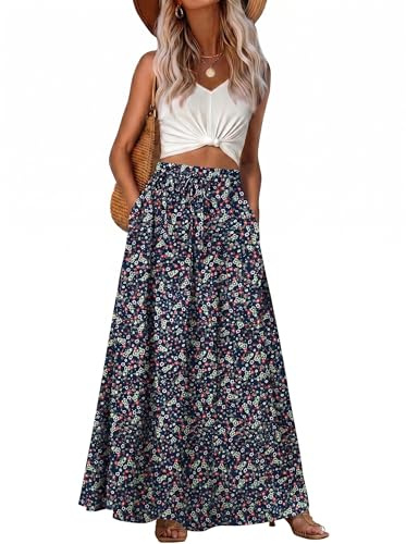 GRECERELLE Falda larga de verano para mujer, estilo bohemio, línea A, falda de verano, elegante, maxifalda de playa, falda larga y holgada, con bolsillo, ligera y ventilada