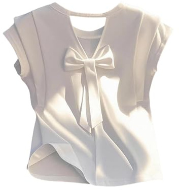 OYOANGLE Women's Layered Cap Sleeve Tshirts Bow Back Cut Out Summer Dressy Tee Tops White Large