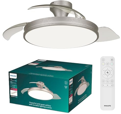 Philips Atlas Lámpara de Techo con Ventilador Aspas Retráctiles LED, 3 Aspas, 106 Cm de Envergadura, 4500 Lúmenes, Luz Blanca Ajustable de 3000 K a 6500 K, Regulable al 5%, Mando a Distancia, Níquel