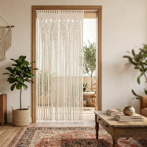 ToolsEvery Tapiz macramé Tejido a Mano, Cortina de Puerta de algodón Beige, Separador de Espacios Estilo Bohemio para Puerta, Ventana, balcón y habitación, Varios tamaños Disponibles (95 x 200 cm)