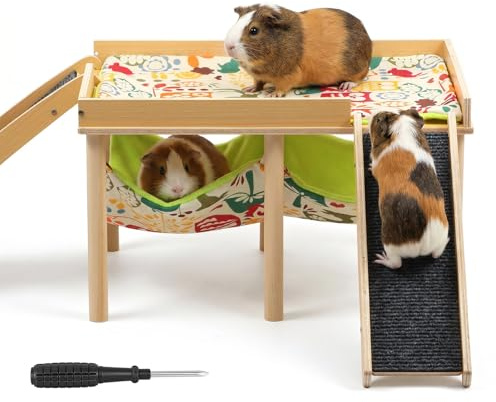 YUNYOUC Guinea Pig Hideout Wood Castle with 2 Hammocks and 2 Stairs, Small Animal House Hideaway Platform for Hamster, Gerbil, Chinchilla, Ferret, Dwarf Bunny(with Hammock)