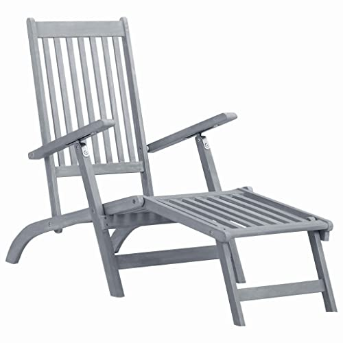 Runheo Chaise Longue d'extérieur en Bois Dur d'acacia délavage Gris avec Repose-Pied Pliable 3 Positions Fauteuil Relax inclinable pour Jardin terrasse Piscine détente Confort Sieste