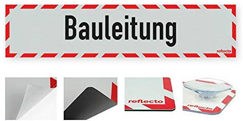 reflecto Hinweisschild „Bauleitung“ in rot-weiß und reflektierend (RA1/A) - verschiedene Ausführungen – 400 mm x 90 mm (mit Saugnäpfen)