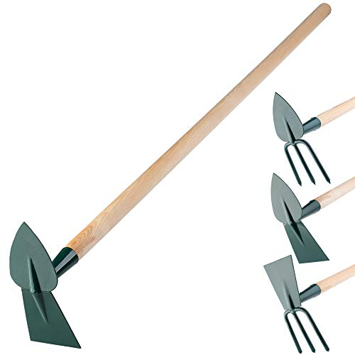 KADAX Hacke, Gartenhacke, Doppelhacke für Garten, zum lüften lockern und jäten des Bodens, Gartenzubehör aus Metall, Unkrauthacke zum entfernen von Unkraut (groß, Herz - Rechteck, mit Holzstiel)