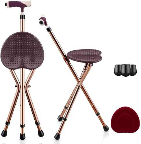 GYMAX Walking Stick Chair Combo, Folding Cane Seat with LED Light, Massage Seat Board & Ergonomic Handle, Adjustable Anti-Skid Walking Stick with Stool, Lightweight Outdoor Travel Rest Stool (Coffee)