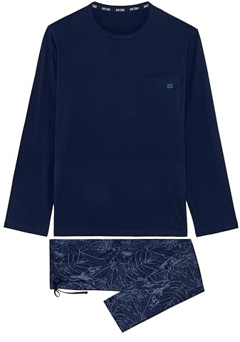 Hom Pyjama Long Kenny Juego de Pijama, Parte Superior: Azul Marino Liso Bajo: Estampado Floral con Trazo en Tono sobre Tono Fondo Marino, S para Hombre