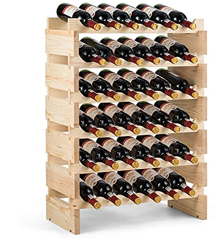 COSTWAY 36/60/72/108/120 Bottles Wine Rack, 6-Tier Stackable Storage Wine Holder Stand, Natural Solid Wood Drink Organizer Display Shelf for Home Kitchen Bar Cellar (36 Bottles, 63x28x85cm)