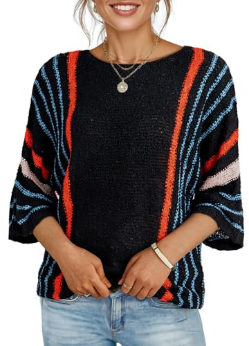 Dokotoo Womens Sweaters 2026 Spring Summer Casual Fashion Crewneck Color Block Striped Wide 3/4 Sleeve Tops Oversized Lightweight Comfy Cozy Cable Knit Trendy Pullover Sweaters Black L