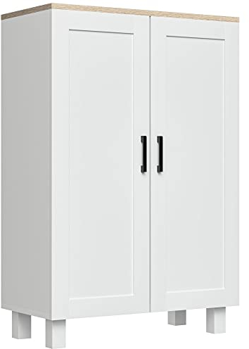 HOMCOM Armario de Salón Moderno Armario de Almacenaje con 2 Puertas Estante Ajustable y Base Elevada para Cocina Comedor Pasillo Dormitorio Dispositivo Antivuelco 60x30x90 cm Blanco