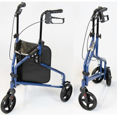 NRS Healthcare 3 Wheel Steel Rollator Wheeled Walking Aid with Bag & Lockable Brakes, Folding & Height Adjustable – Blue