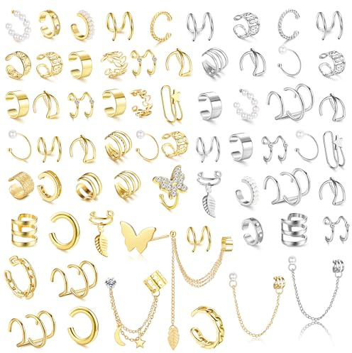 BESTEEL 66 Pcs Ear Cuff Earrings for Women Non Piercing,Hypoallergenic Silver plated Clip on Fake Earrings for Sensitive Ears,Ear Wrap Earrings for Helix Cartilage,Cz Star Butterfly Ear Cuffs Non Piercing