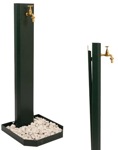 Fuente de jardín, para exterior, fuente de columna moderna, color verde, de acero, grifo de latón, flexible, empalme y guijarros incluidos, altura 1 m