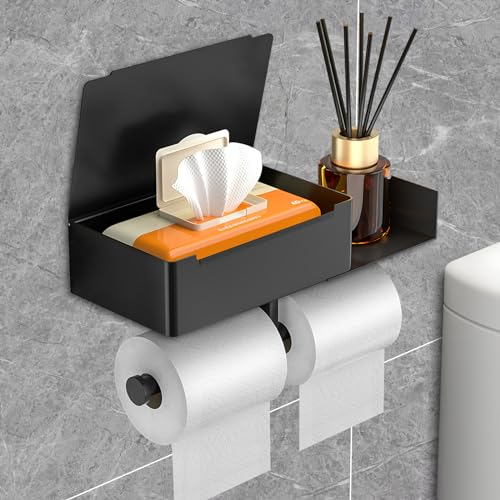 AMZJMT Derouleur Papier Toilette Murale,Porte Rouleau Papier Toilette e avec boîte à mouchoirs,Porte Papier Toilette sur piedSupport Papier Toilette sans percage pour Salle de Bain, Cuisines,Noir