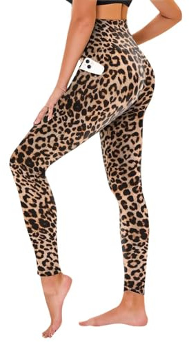 TNNZEET High Waist Leggings Damen Schwarz Leggins Blickdicht für Sport Gym, Leopard mit Taschen,XXL