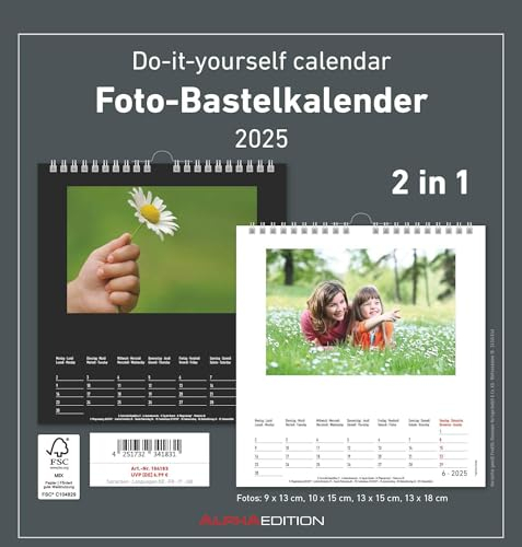 Alpha Edition - Foto-Bastelkalender 2025 schwarz und weiß, 21x22cm, Do it yourself Kalender mit Seiten aus hochwertigem Bastelkarton, 2 in 1, gestaltbares Titelblatt, Kalendarium in Schwarz und Weiß