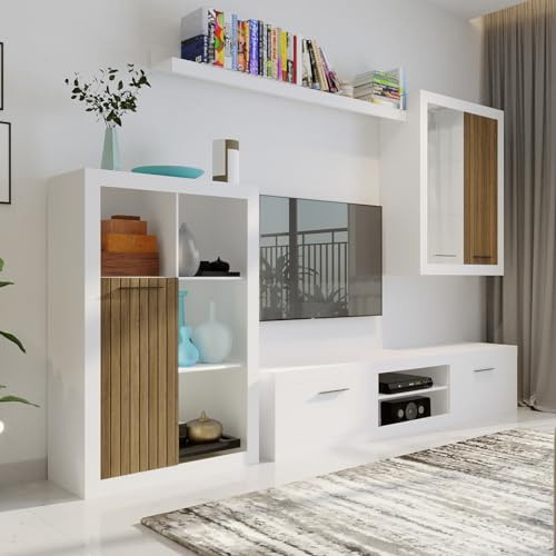 Homely - Conjunto Modular Formentera White | Salón Con 4 Muebles: TV, Bajo, Alto y Estantería Alta | Color Blanco Brillo + Madera | Medidas 270x40x220 cm