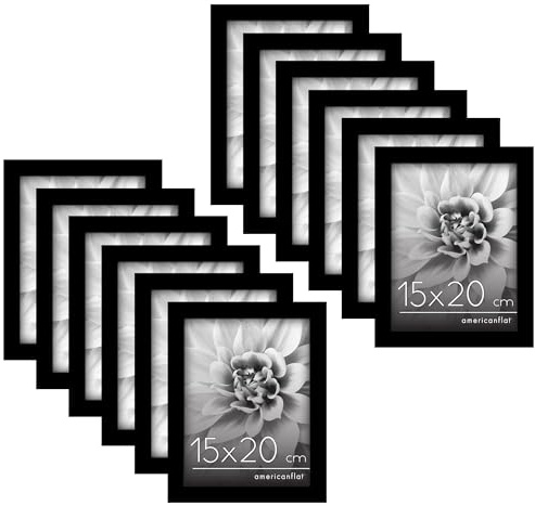 Americanflat Cornice Foto 15x20 cm Nere - Confezione da 12 Cornici 15x20 cm con Pannello Protettivo in Plastica e Cavalletto - Set Cornici Foto da Parete e da Tavolo