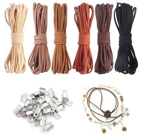 SYEYCW 6 Piezas Cordones de Cuero para Hacer Joyas, 30M 2.6mm Cuerda Plana de Cuero de Gamuza con 100 Piezas de Cierres, para Hacer Pulseras, Collares, Atrapasueños, Manualidades de Bricolaje