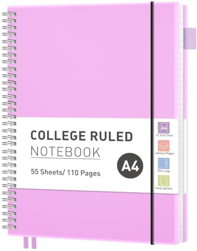 RETTACY A4 Spiral Notebook, Lined Journal, Notepad, 110 Pages, Lilac | Flexible Plastic Cover Note Book, 100 GSM College Ruled Paper, with Pocket, Pen Loop, Ruler & Bookmark - 21.5 x 27.9 cm