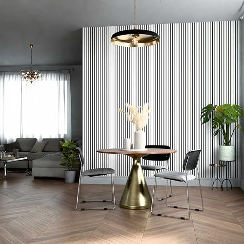 Mon Marché Déco Lot de 2 Panneaux Tasseaux Bois, Isolation Acoustique, Revêtement Mural Bois MDF, Décoration Murale Salon, TV, Chambre, Bureau - 240 x 60 cm Décor Blanc Feutre Noir - 2,88 m2