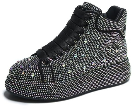 Amtopiyo Dam Glitter Strass High-Top Sneakers Plattform Snörning Mode Sportiga tossor, SILVER, 38.5 EU
