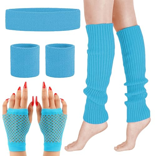 MUNSKT Set di 4 scaldamuscoli, guanti a rete con fascia e polsini al neon, accessori per costume da donna anni '80, costumi per feste a tema retrò anni '80, Rosa, Etichettalia unica (blue, one size)