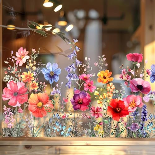 HJZHII Blumen Fensteraufkleber, 60 × 30 cm Doppelseitige Florale Glas Wandaufkleber, Fensterfolie Blumen, Wildblumen GrasAufkleber für die Dekoration von Zuhause, Glastür, Büro Fenster Deko