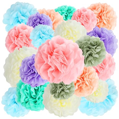 22 Piezas Flores de Papel, Pompones Papel Decoración con Línea Blanca, Flores Pompom de Papels de Seda para Mujeres, Niñas, Decoración de Cumpleaños, Decoracion de Bodas