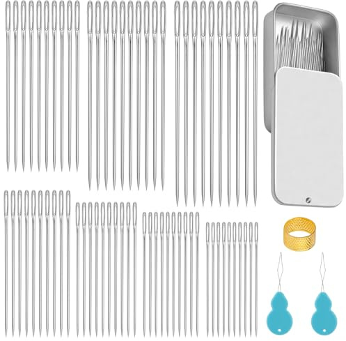 70 Pièces Aiguilles à Coudre à La Main, Aiguilles à Coudre à Gros Yeux, Aiguille A Coudre Aiguilles Couture Aiguilles en Enfileur et Dé à Coudre pour Coudre Réparation Matelassage (7 Tailles)