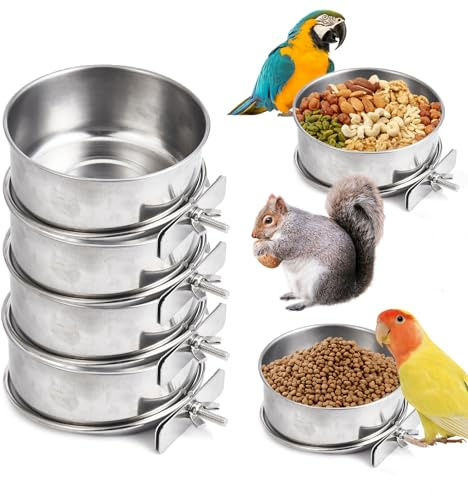 4Pcs Bird Feeding Dish Cups, Detachable Stainless Steel Food Water Bowls with Clamp, Hanging Pet Feeders for Parrots, Cockatiels, Conures and Budgies,10x4.5cm