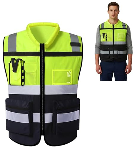 URAQT Gilet Réfléchissant, Gilet de Sécurité, Gilet de Travail Veste de Haute Visibilité, 7 Poches Gilets de Vélo avec Bandes Réfléchissantes Pour Construction, Travail à l'Extérieur Unisexe-XL