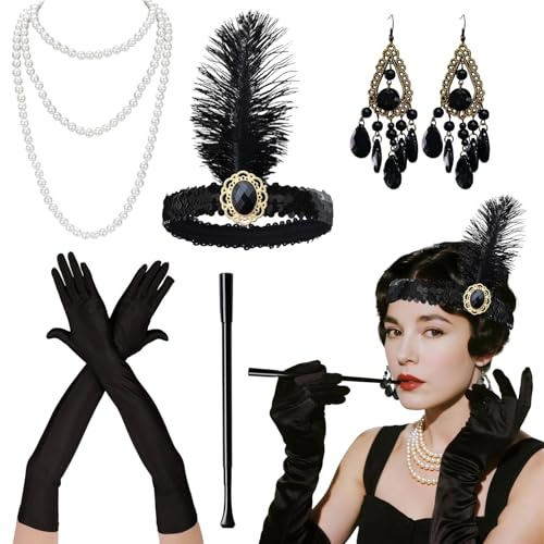 CERCTLA Accessoires Femme 5 Pièces Mode Thème Charleston, Accessoires Gatsby, Fashion Roaring 20's Thème Set pour Mascarade, Halloween, Noël, Noir
