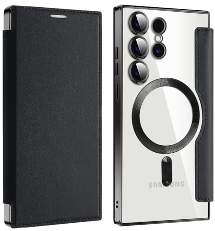 Magnetic Phone Case for Samsung Galaxy S26 Ultra Flip Clear Cover，Black | Strong Magnetic Attachment, RFID Blocking Card Holder, Shockproof PU Leather TPU Back, Individual Protection for Each Lens