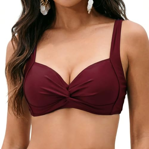 NLAND Top Bikini da Donna Push up Costume da Bagno Reggiseno Mare con con Taglio Classico retrò Haut de Bikini Tops，Rosso，L