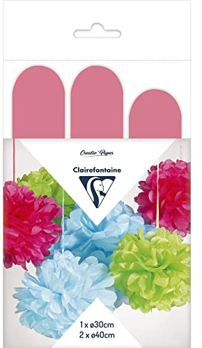 Clairefontaine 395460C Set mit 3 Pompons Seidenpapier, Ø 30cm x1 + Ø 40cm x2, ideal für Deko und Bastelprojekte, 1 Set, Rosenrot